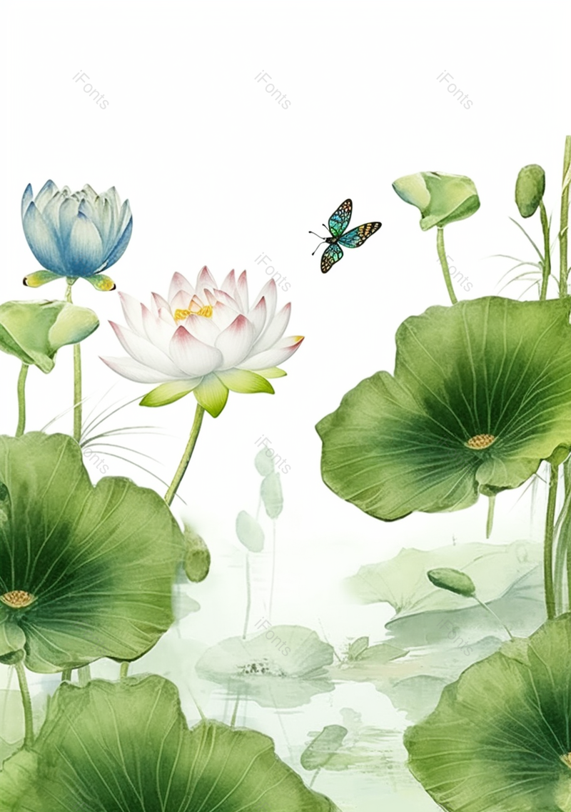 绿色中国风艺术古典池塘荷叶荷花胡蝶背景,插画/手绘图,插画/手绘图库,插画/手绘图下载,插画/手绘